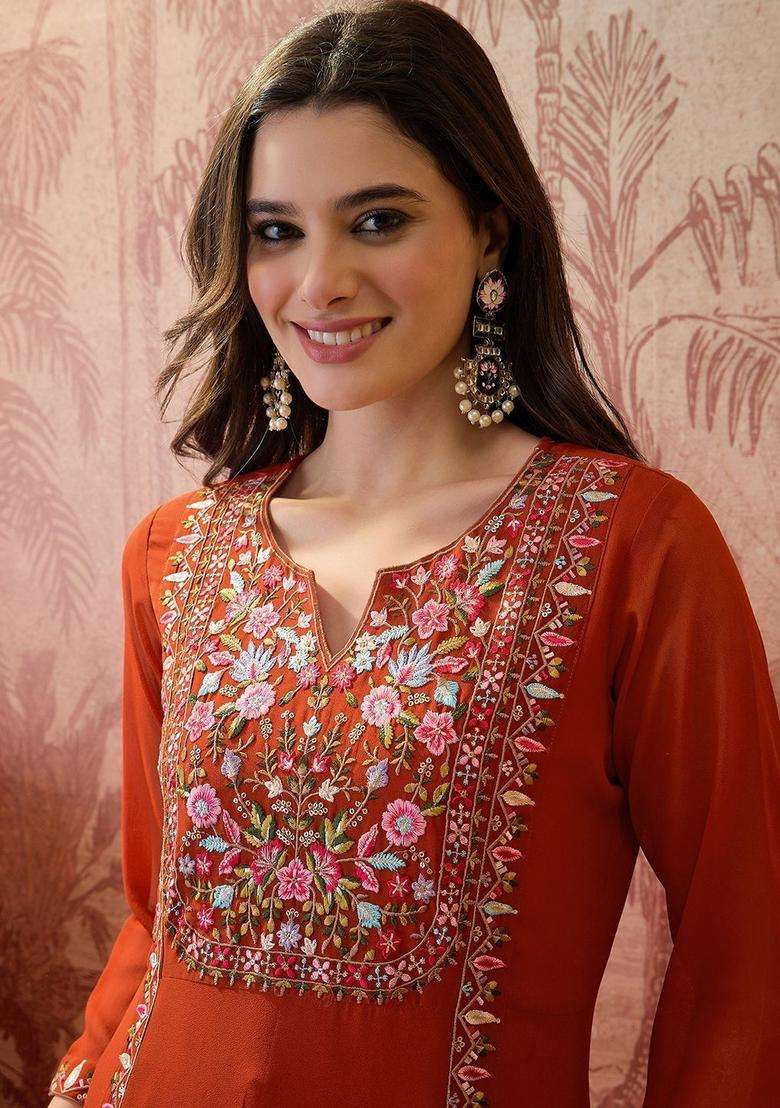 Orange Embroidered Georgette Kurta Set - Indya