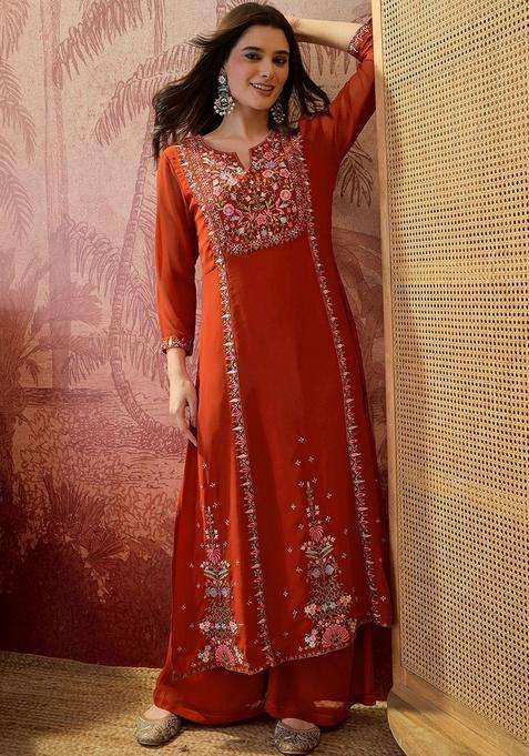 Orange Embroidered Georgette Kurta Set