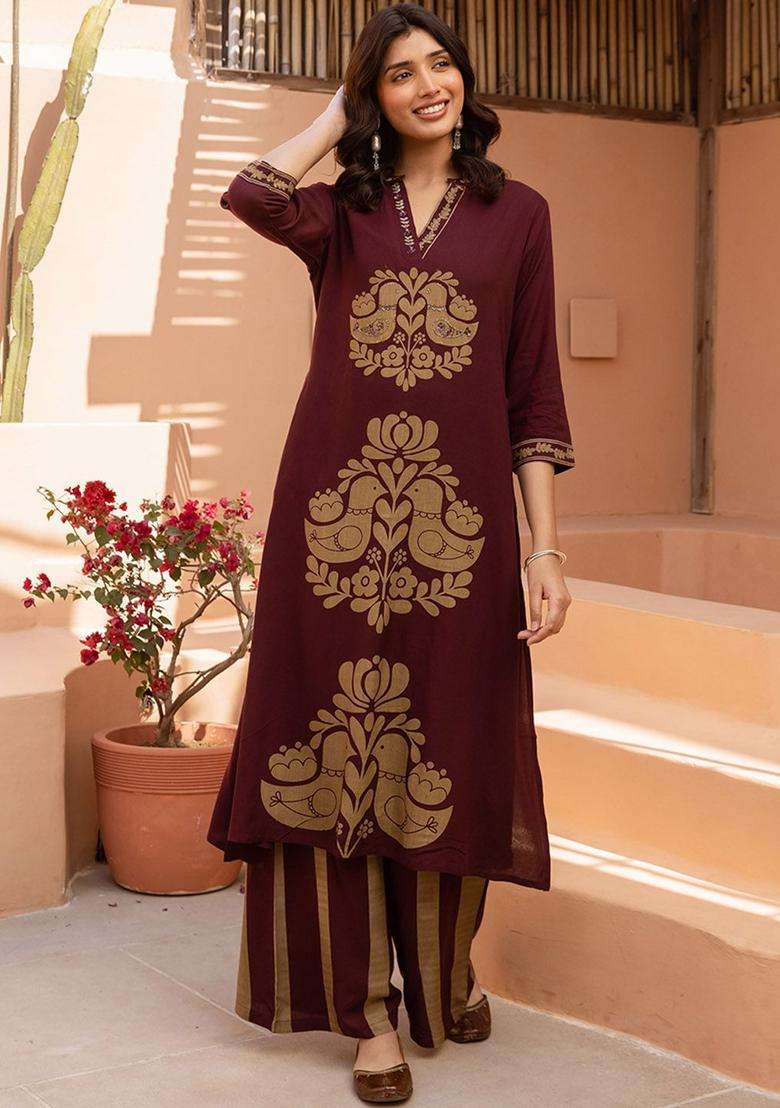 Maroon Printed Viscose Kurta Set - Indya
