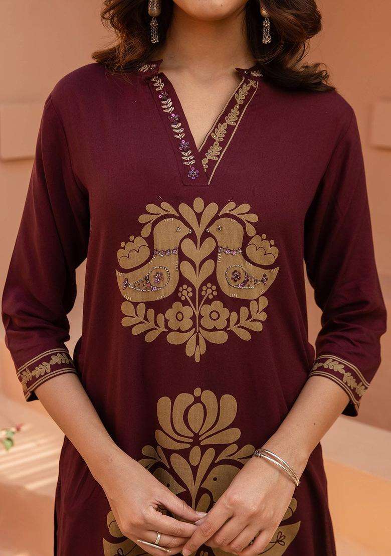 Maroon Printed Viscose Kurta Set - Indya