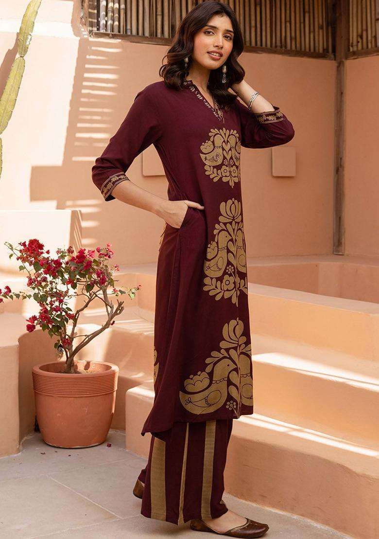 Maroon Printed Viscose Kurta Set - Indya