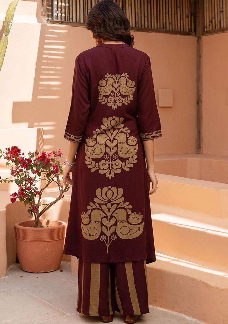 Maroon Printed Viscose Kurta Set - Indya