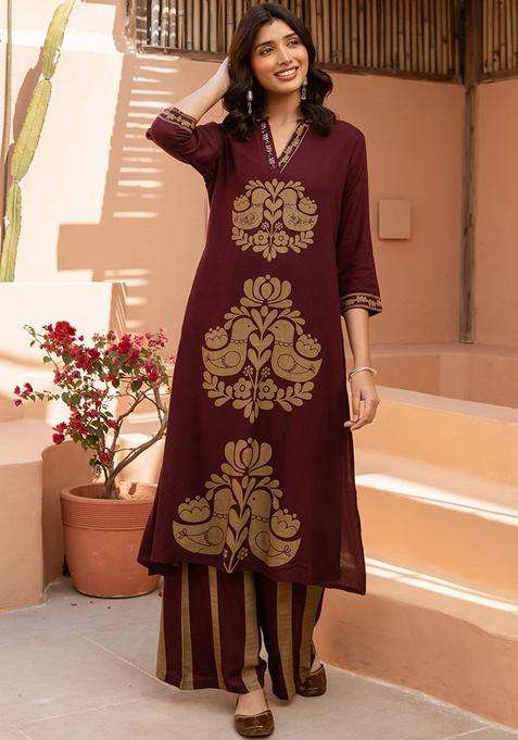 Maroon Printed Viscose Kurta Set