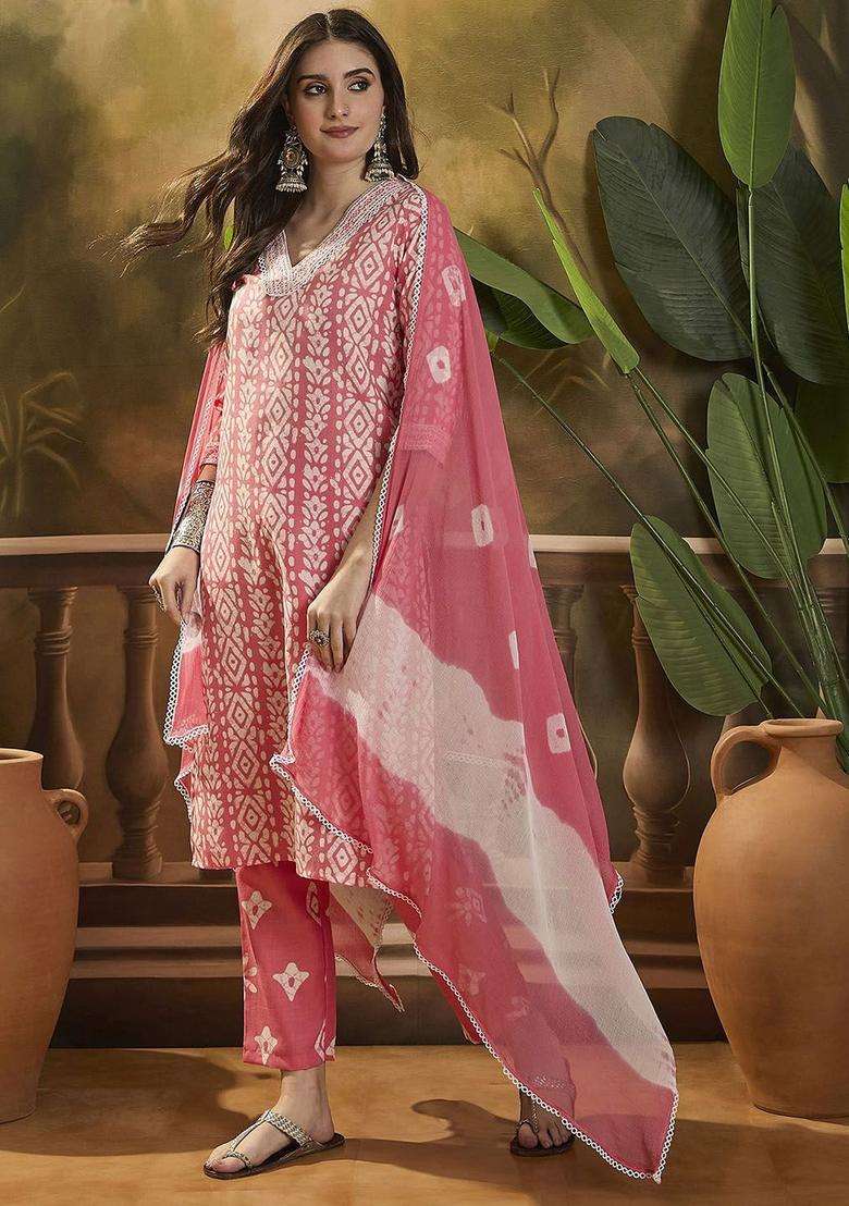Peach Printed Cotton Kurta Set - Indya
