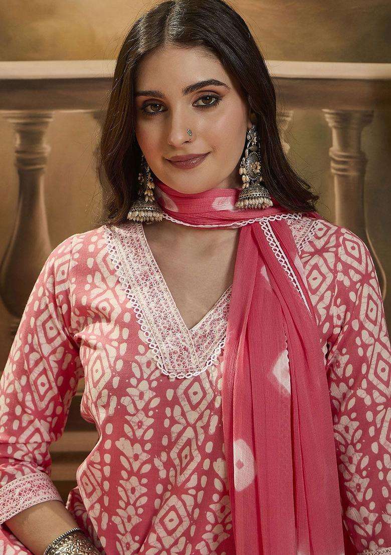 Peach Printed Cotton Kurta Set - Indya