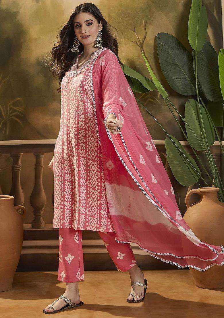 Peach Printed Cotton Kurta Set - Indya