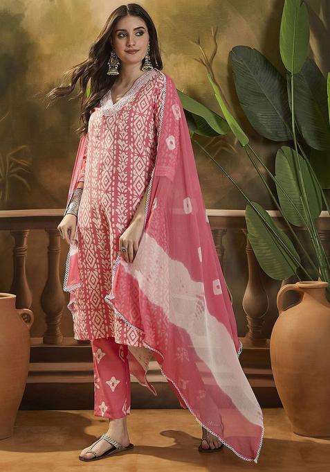 Peach Printed Cotton Kurta Set