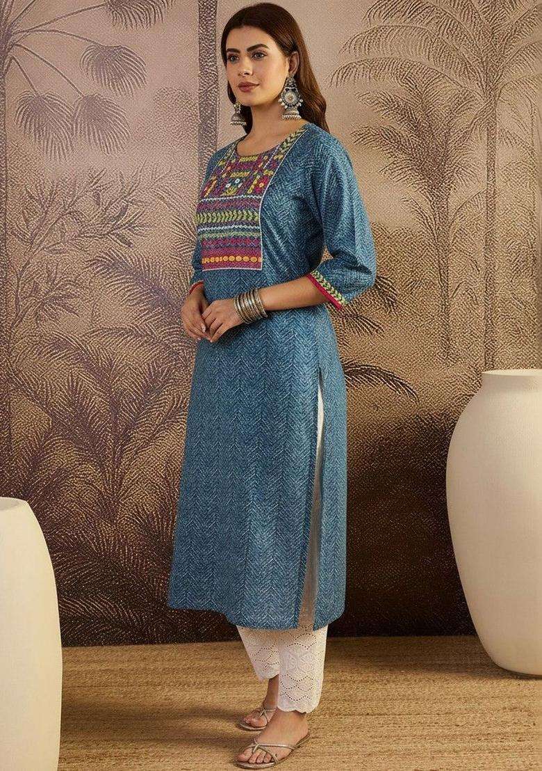 Blue  Cotton Kurta - Indya