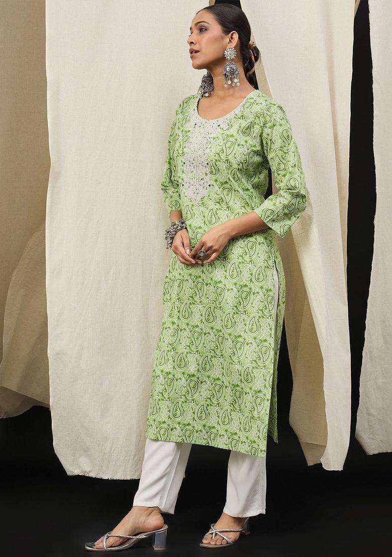 Green  Cotton Kurta - Indya