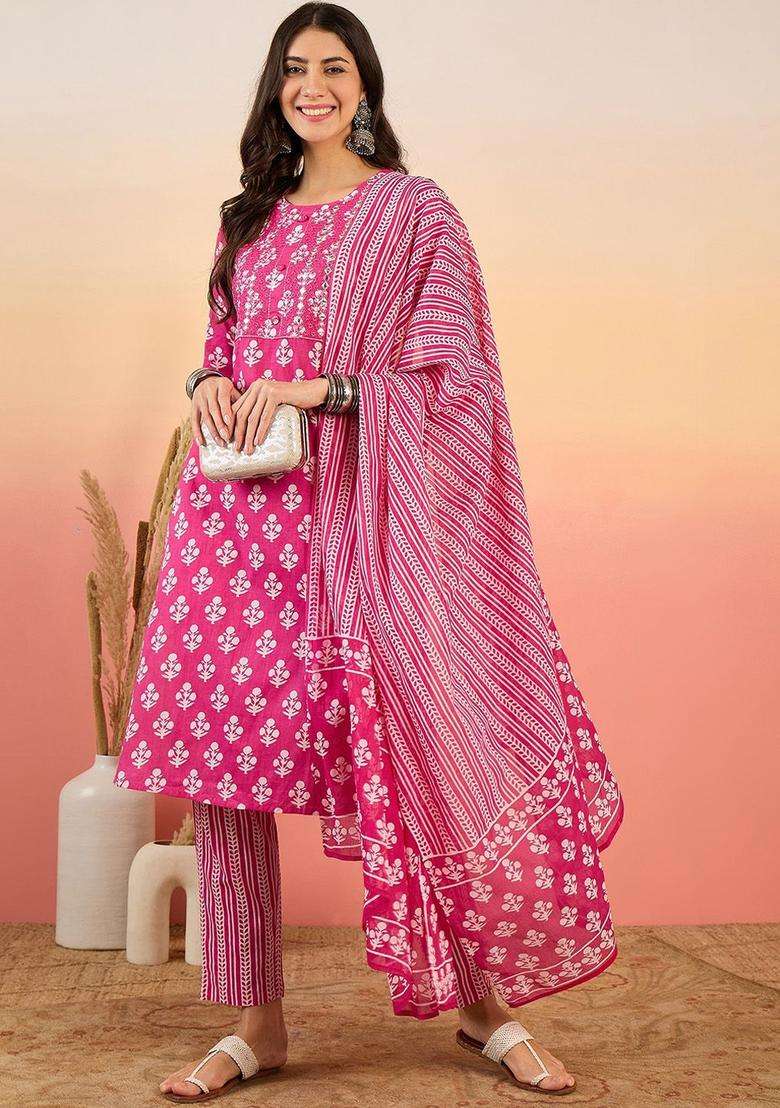 Pink Printed Cotton Kurta Set - Indya