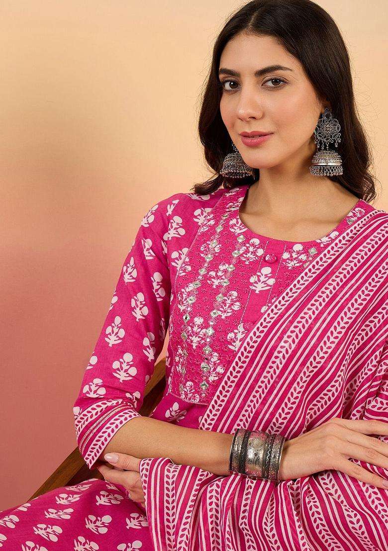 Pink Printed Cotton Kurta Set - Indya