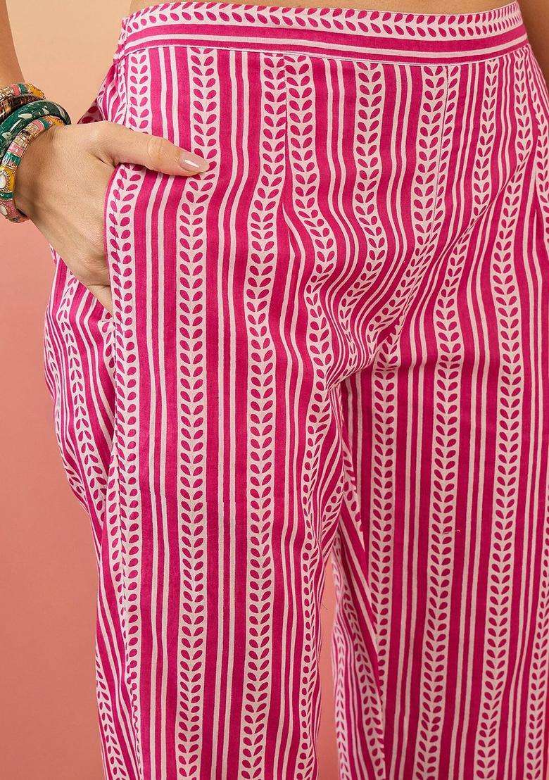 Pink Printed Cotton Kurta Set - Indya