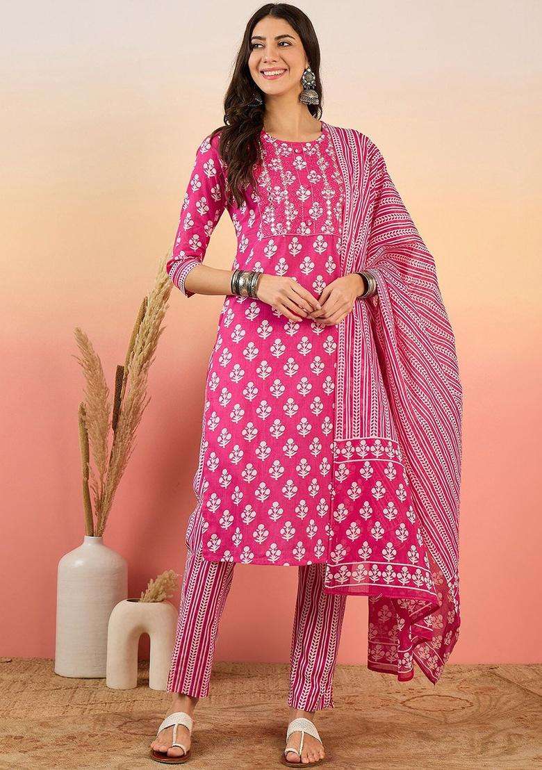 Pink Printed Cotton Kurta Set - Indya
