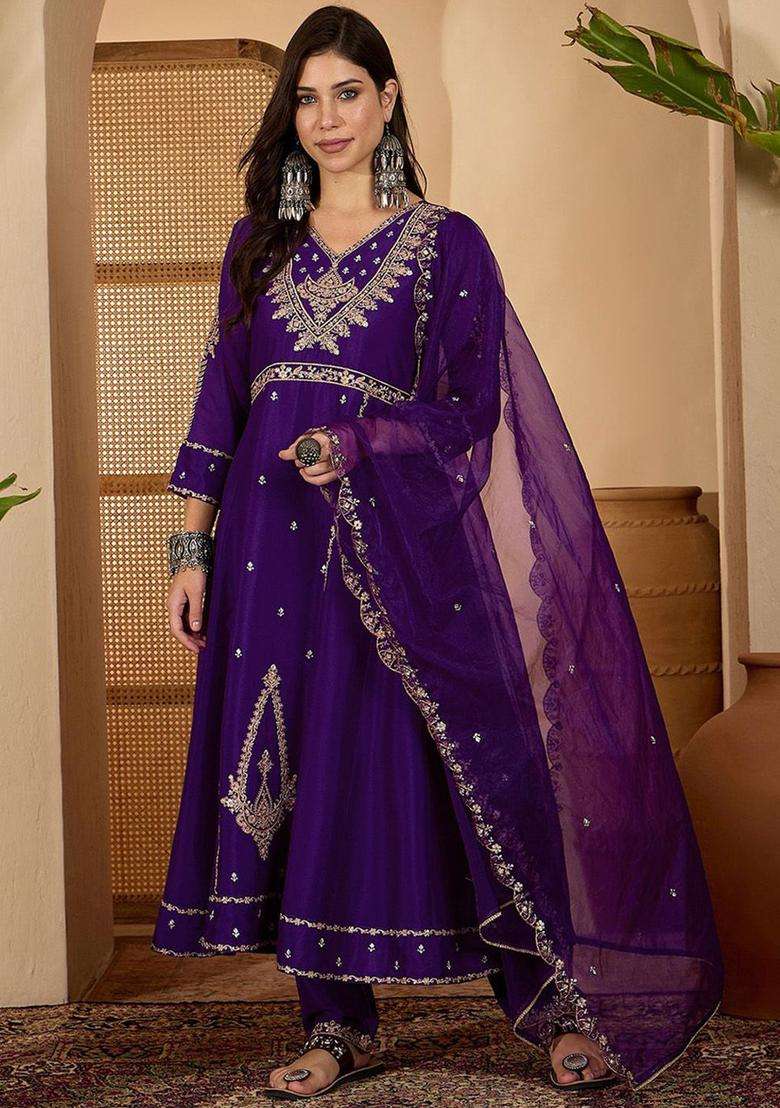 Purple Embroidered Silk Blend Kurta Set - Indya