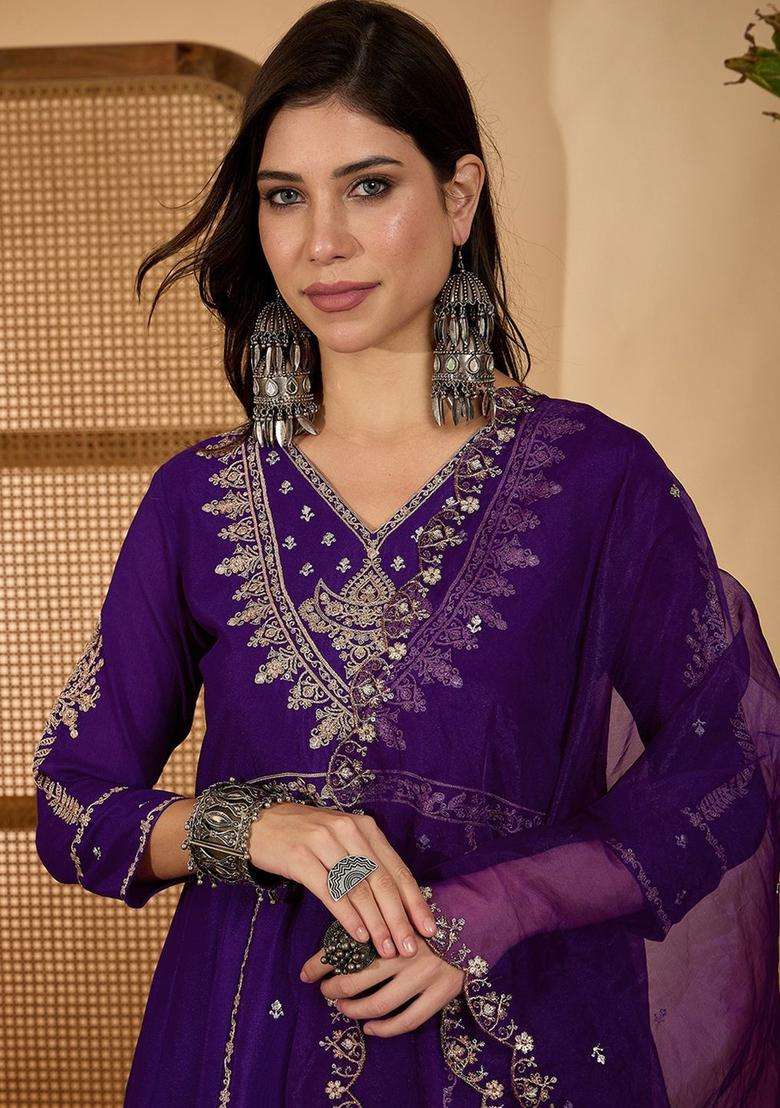 Purple Embroidered Silk Blend Kurta Set - Indya