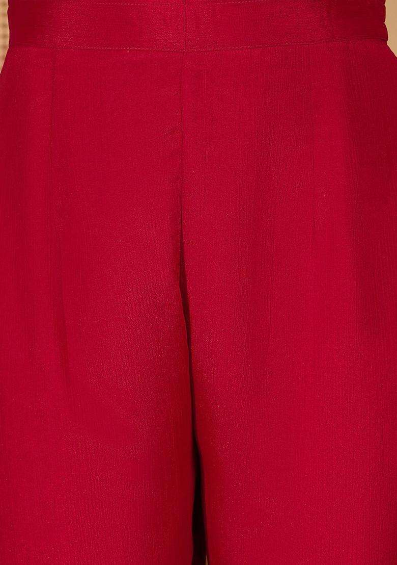Red Embroidered Silk Blend Kurta Set - Indya