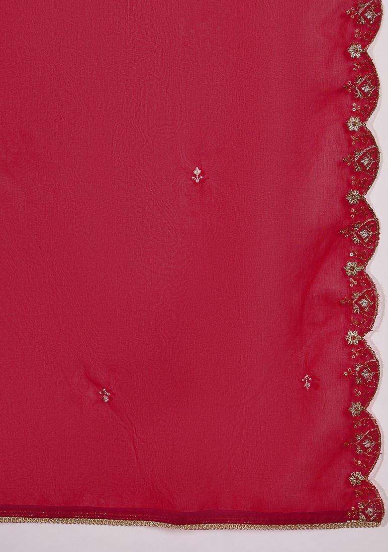 Red Embroidered Silk Blend Kurta Set - Indya