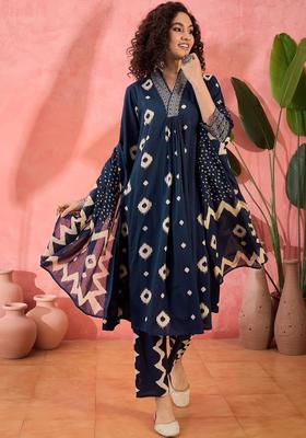 Navy Blue Printed Cotton Kurta Set