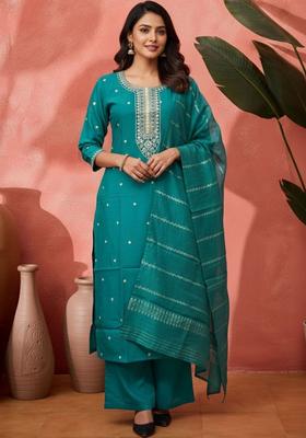 Turquoise Blue Embroidered Silk Blend Kurta Set