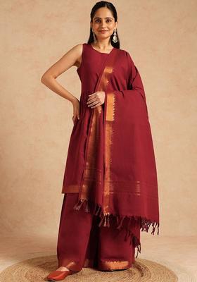 Maroon Solid Cotton Kurta Set