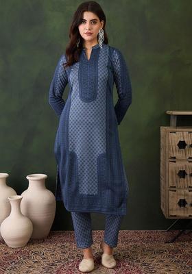Blue Woven Design Wool Blend Kurta Set