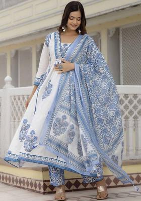 Blue Yoke Design Cotton Kurta Set