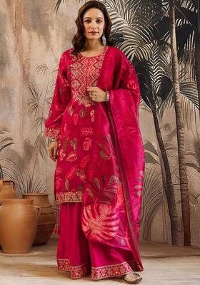 Red Printed Silk Kurta Set