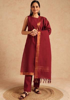 Maroon Solid Cotton Kurta Set