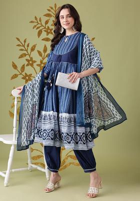Navy Blue Printed Cotton Kurta Set