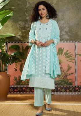Turquoise Blue Embroidered Cotton Kurta Set