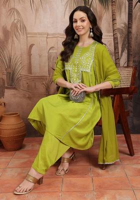 Green Printed Polyester Kurta Set