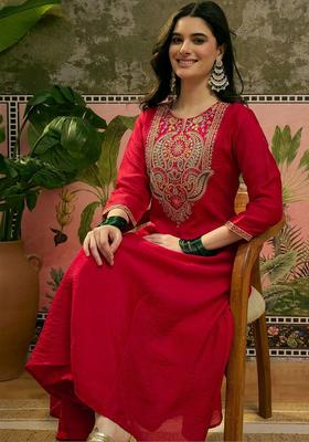 Red Embroidered Silk Kurta Set
