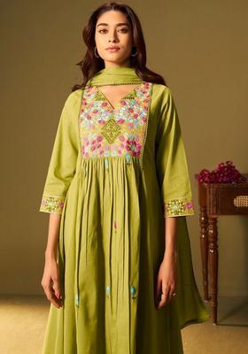 Olive Embroidered Cotton Kurta Set