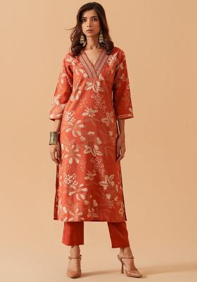 Orange Printed Cotton Kurta Set