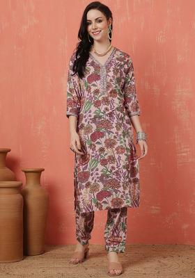 Purple Printed Viscose Kurta Set