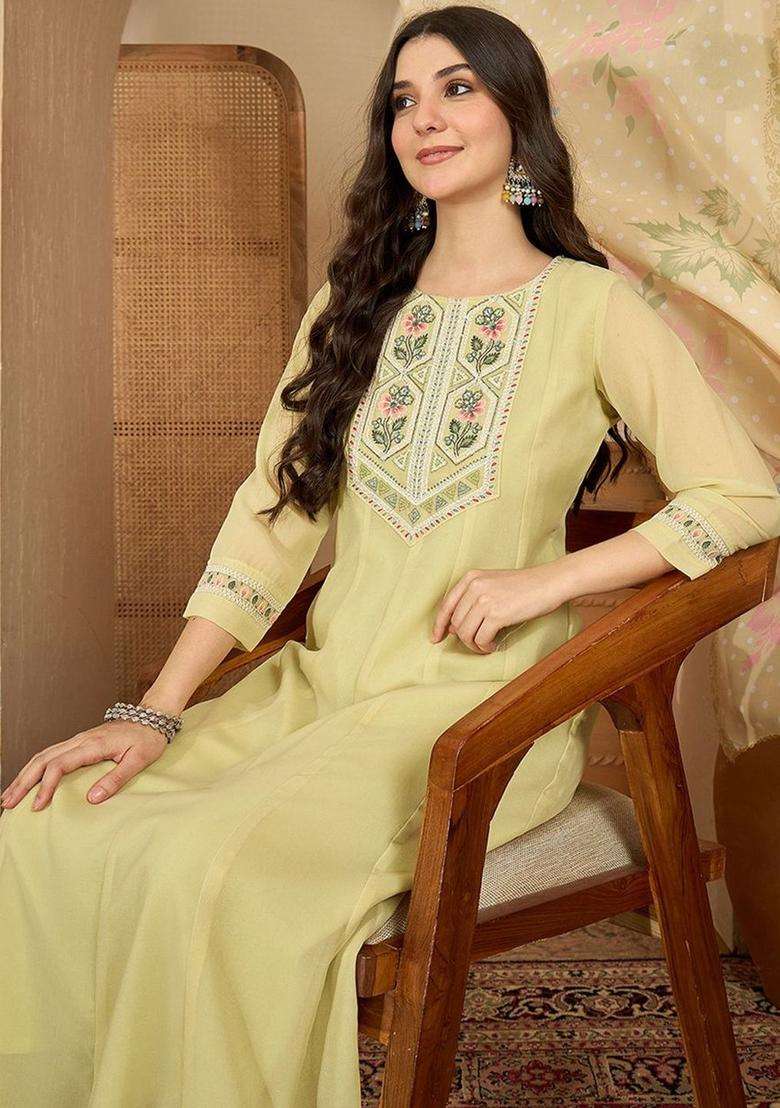 Lime Green Embroidered Georgette Kurta Set - Indya