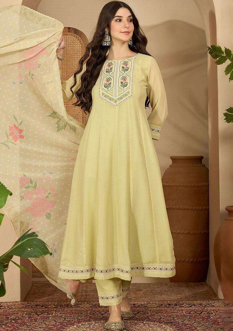 Lime Green Embroidered Georgette Kurta Set - Indya