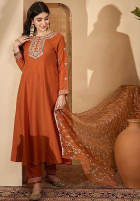 Orange Embroidered Silk Kurta Set