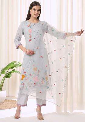 Grey Embroidered Cotton Kurta Set