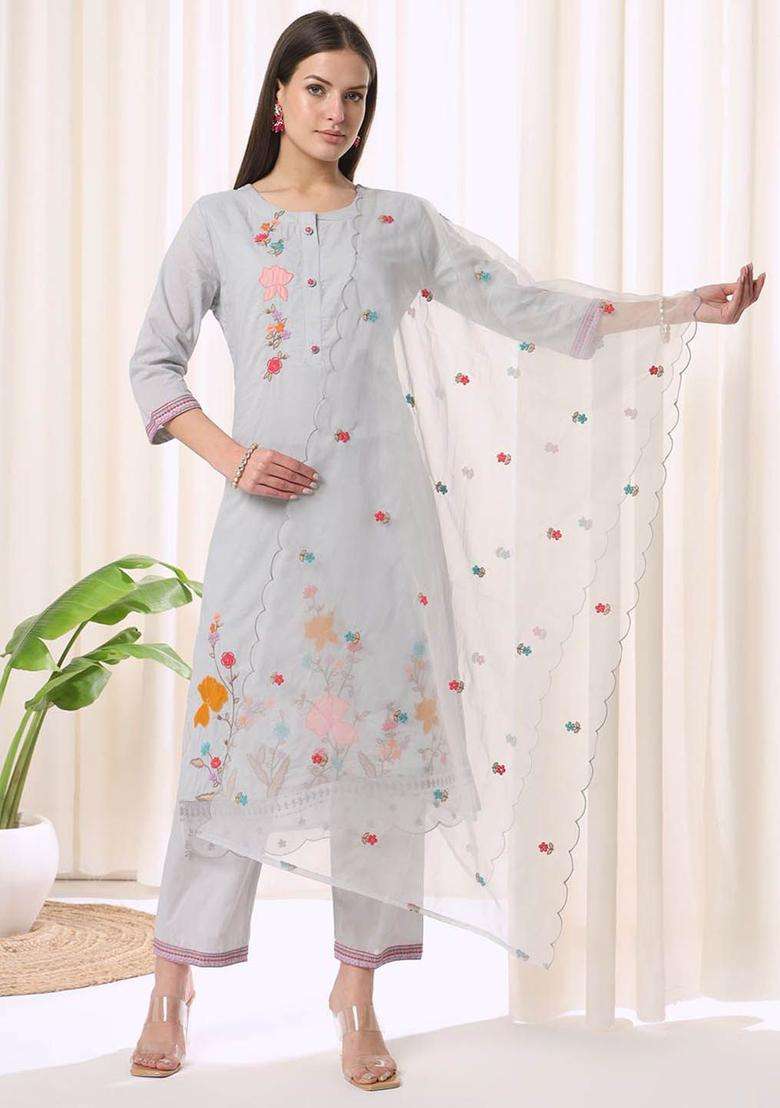 Grey Embroidered Cotton Kurta Set - Indya