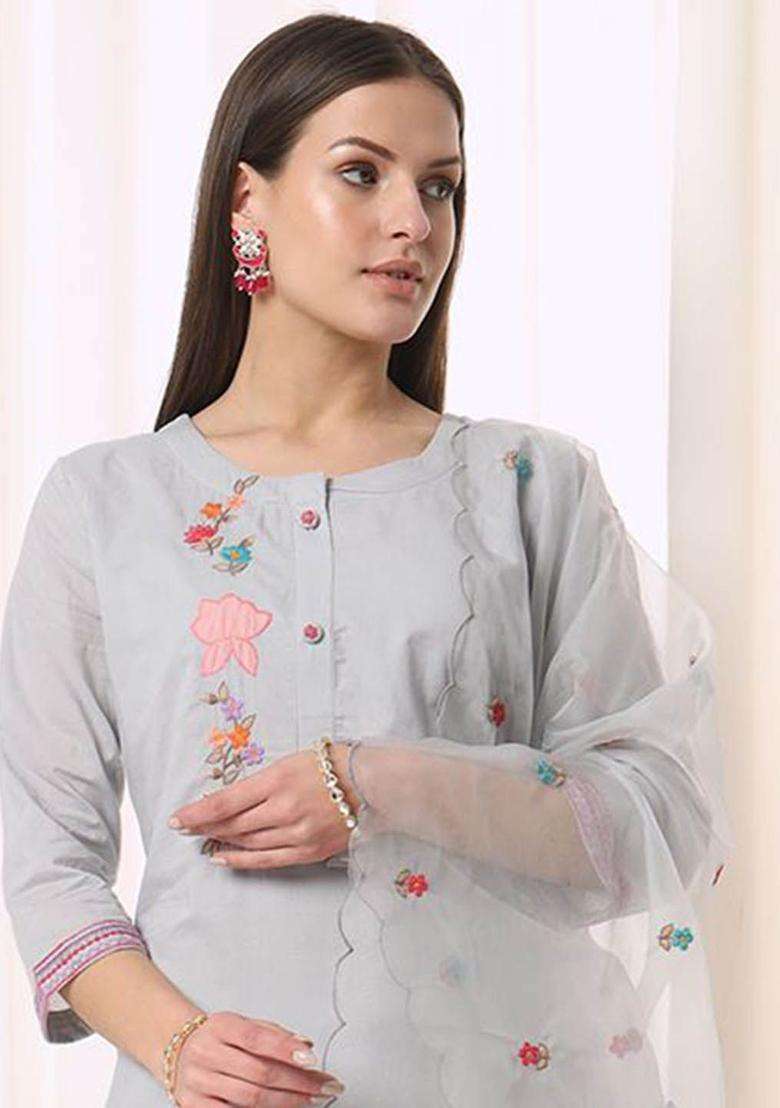Grey Embroidered Cotton Kurta Set - Indya