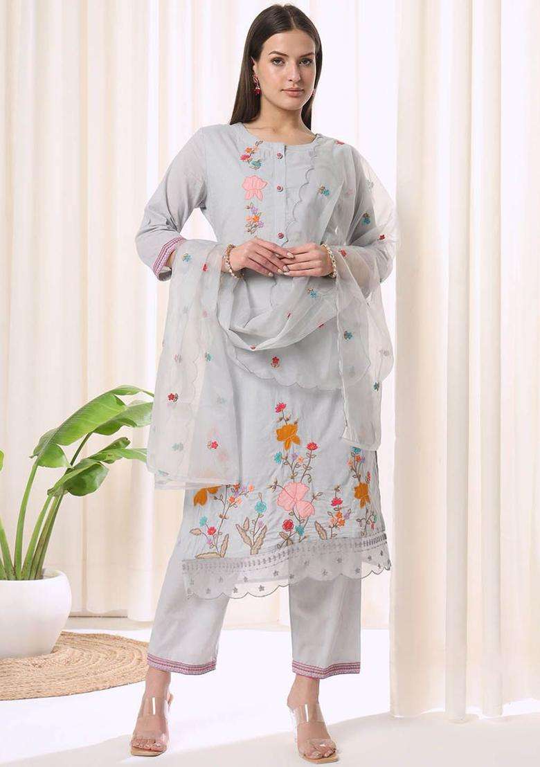 Grey Embroidered Cotton Kurta Set - Indya
