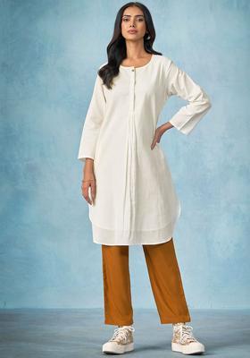 Off White Solid Cotton Kurta Set