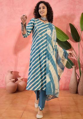 Teal Striped Cotton Kurta Set
