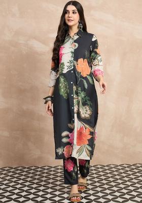 Black Printed Cotton Kurta Set