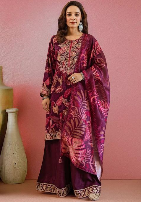 Maroon Printed Viscose Kurta Set