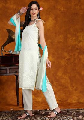 Green Self Design Georgette Kurta Set