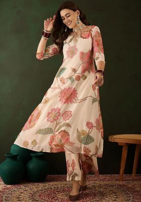 Cream Embroidered Georgette Kurta Set
