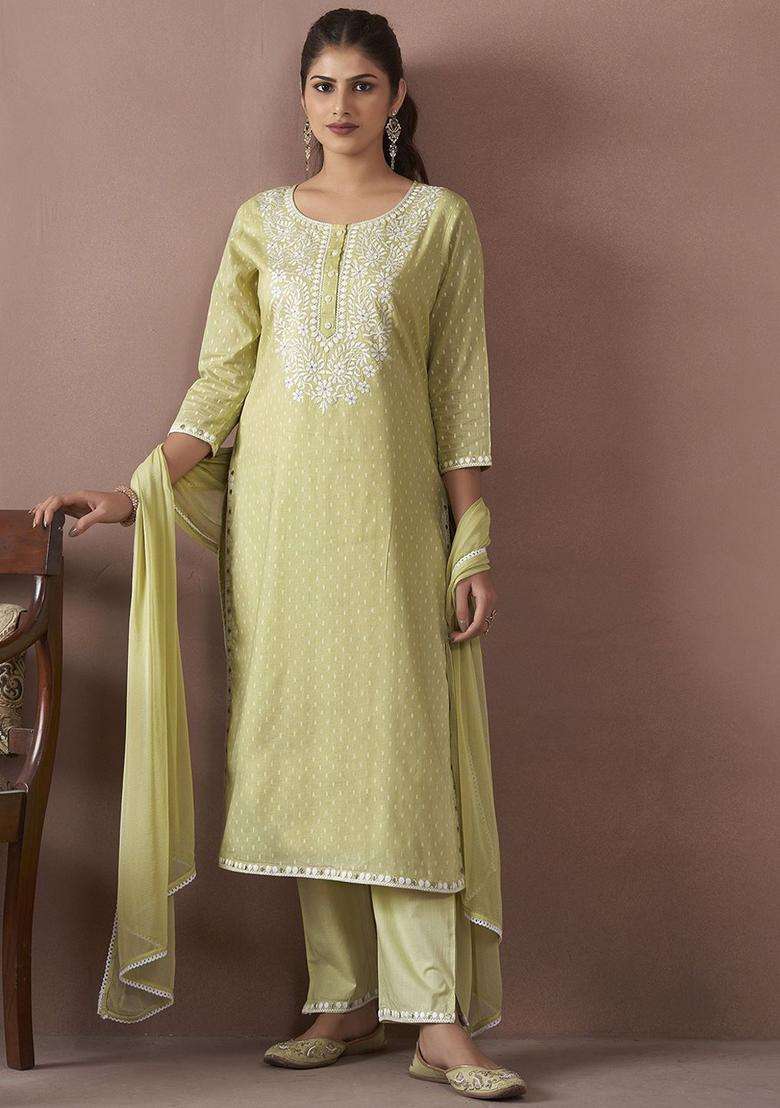 Lime Green Embroidered Cotton Kurta Set - Indya