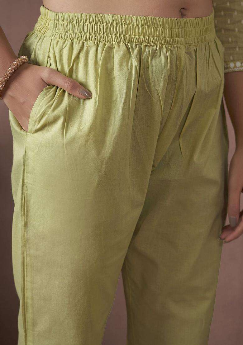 Lime Green Embroidered Cotton Kurta Set - Indya